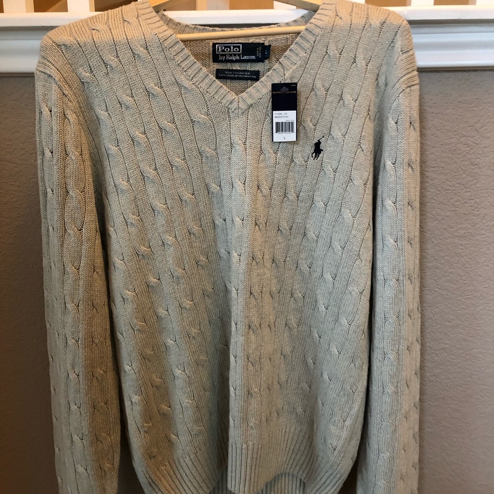 V-neck cable-knit 100% tussah silk sweater
